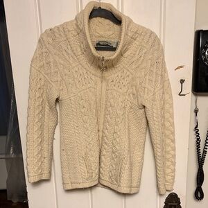 Aran Crafts Cream Cable Knit Turtleneck Cardigan Sweater